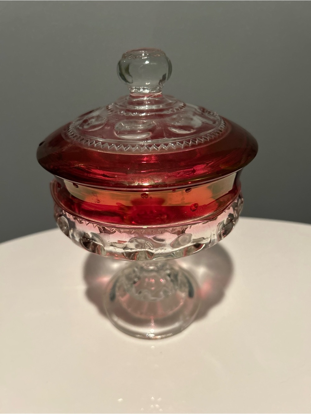 Vintage MCM Three Mold Indiana Glass "Kings Crown" Pedestal Covered Candy Dish
